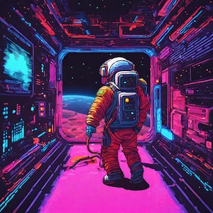 Puede incluir: Un astronauta con un traje espacial naranja se encuentra en un pasillo de nave espacial iluminado con neón, mirando un planeta y estrellas. La escena está representada en vibrantes rosas, azules y púrpuras, creando una estética futurista. La mochila del astronauta está detallada.
