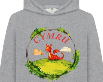 Cymru Wales Draig Dragon pullover-hoodie van biologisch katoen voor kinderen | Welshe kleding| Kinderkleding | Welsh rugby | Welsh voetbal