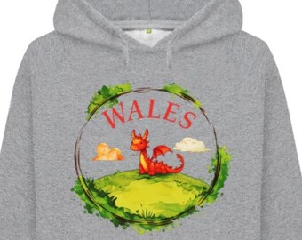 Women's Wales Dragon Organic Cotton Pullover Hoodie| Welsh Clothing | Welsh Rugby | Welsh Football | Fun | Cymru | Cute | Sustainable | Gift