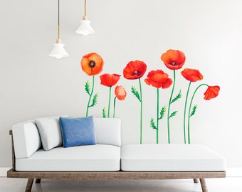 Red Poppy Flower Wall Decal – Bohemian Floral Wall Art for Modern Home Decor, Handmade Vinyl Wall Sticker for Bedroom or Living Room