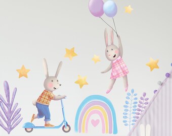 Pastell Wandaufkleber Häschen, Kinderzimmer Wanddeko, mit Hasen, Luftballons & Regenbogen