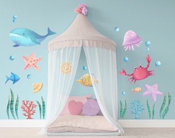Wall Decals for Kids Ocean and Sea Life Nursery Stickers with Whale, Fish & Crab, Underwater Wall Art, Beach Nursery Decor