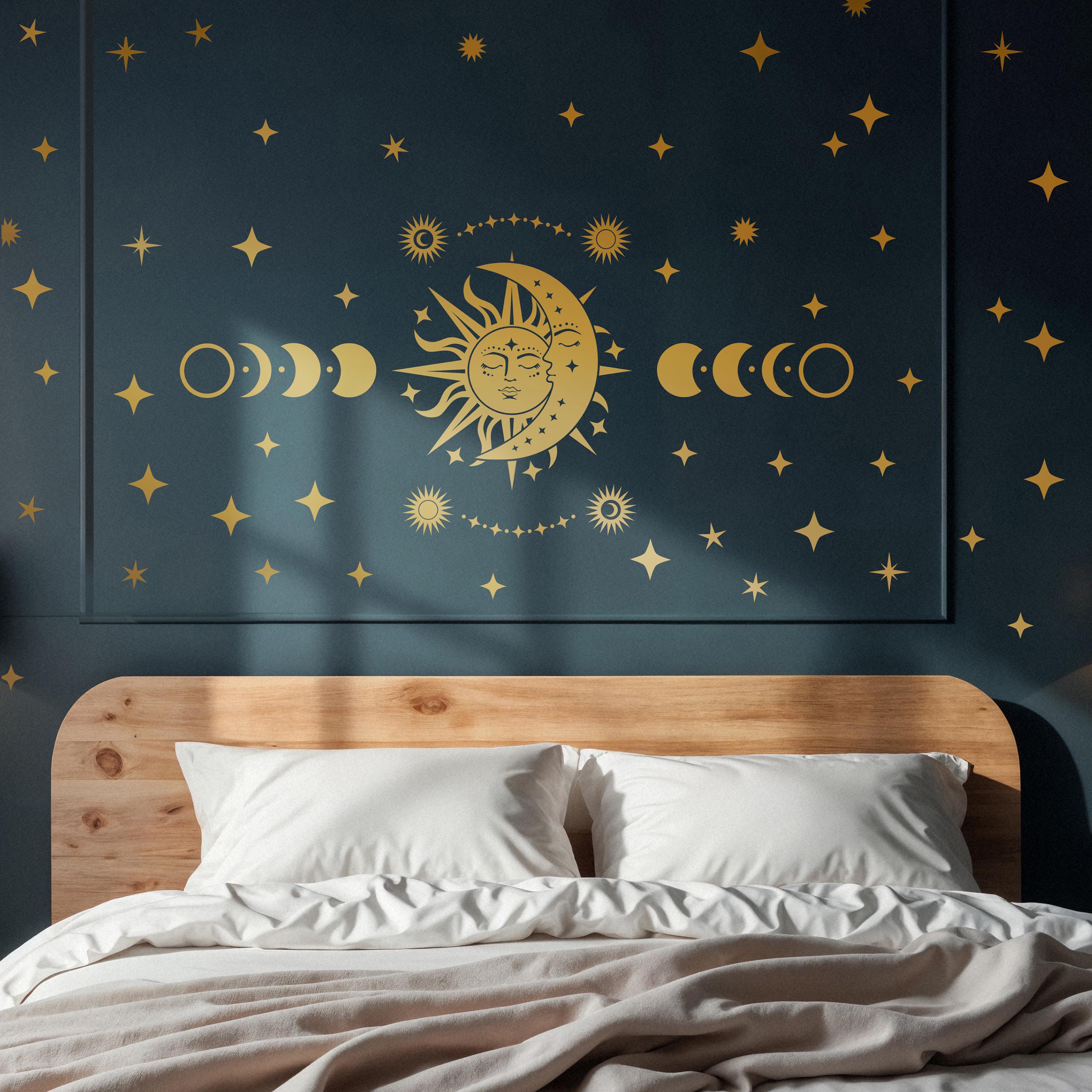 Celestial Sun Moon Stars Wall Decal - Boho Home Decor, Gold Vinyl Wall ...