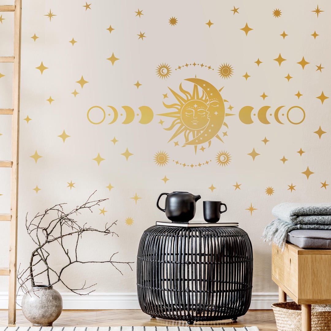 Celestial Sun Moon Stars Wall Decal - Boho Home Decor, Gold Vinyl Wall ...