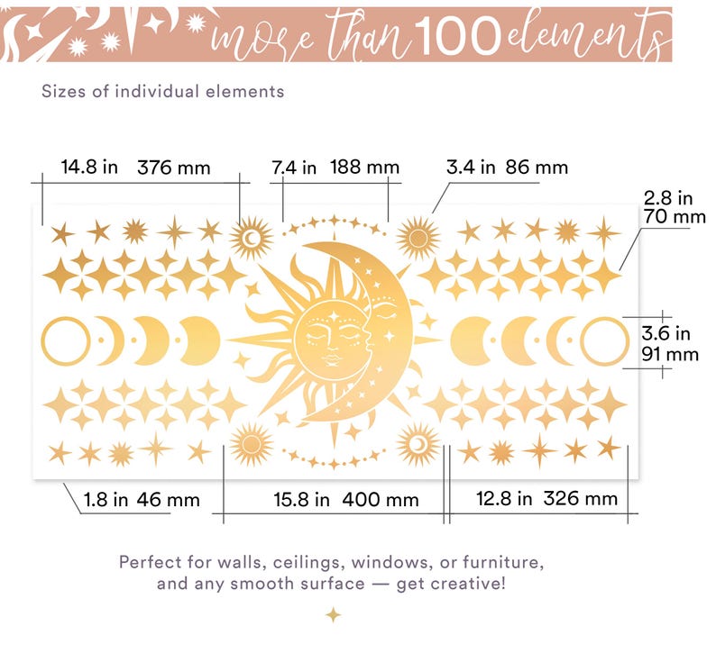 Celestial Sun Moon Stars Wall Decal - Boho Home Decor, Gold Vinyl Wall ...
