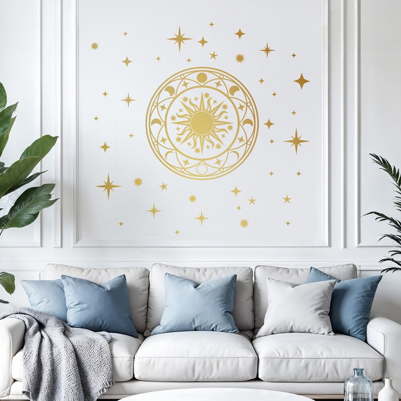 Gold Celestial Sun Moon Phases Wall Decal – Sacred Geometry Stars Vinyl ...
