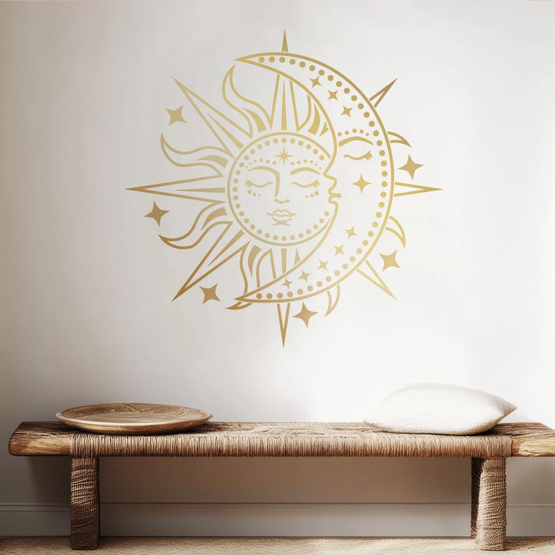 Sun and Crescent Moon Wall Decal – Gold Vinyl Celestial Design With ...