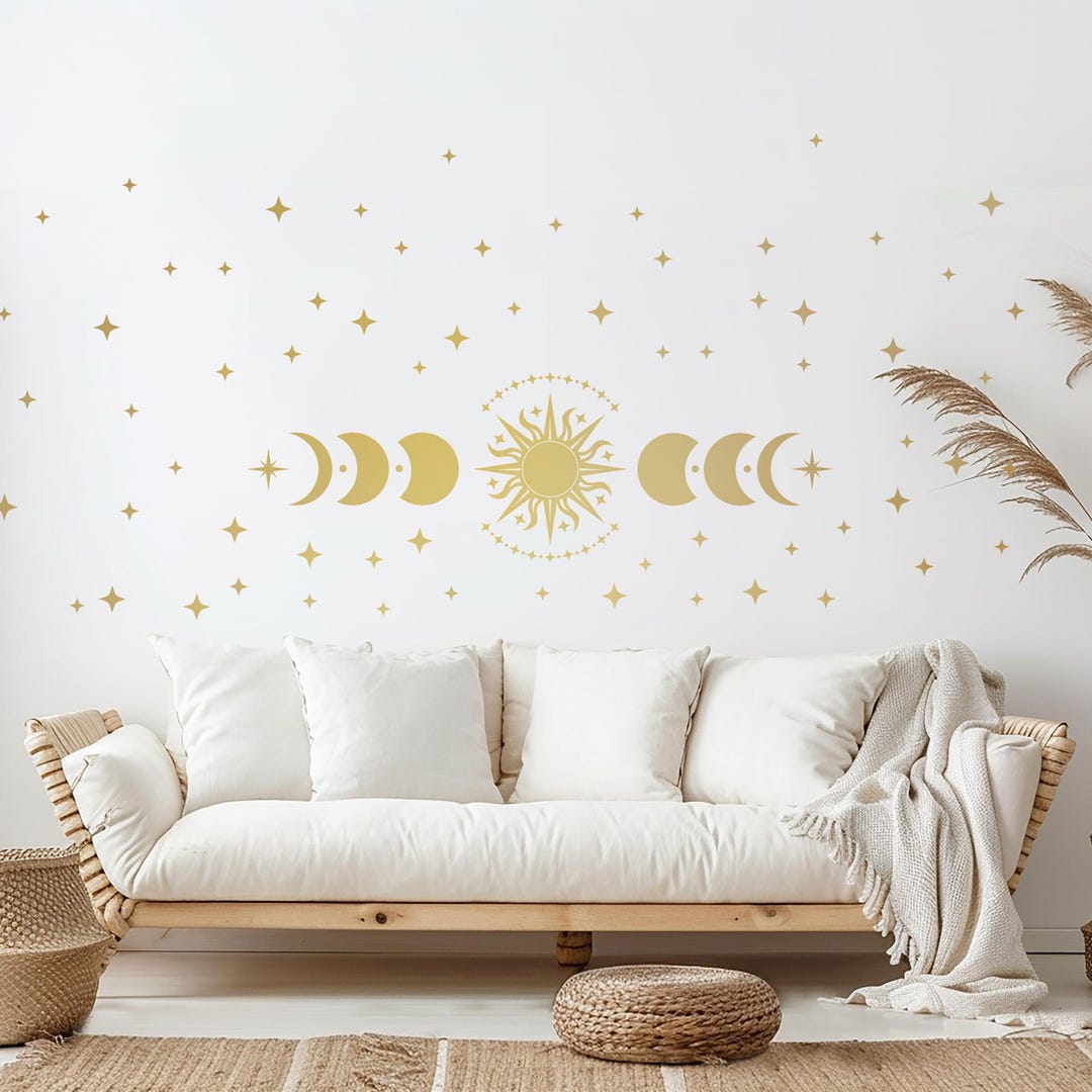Moon Phases and Sun Wall Decal in Vintage Style – Gold Celestial ...