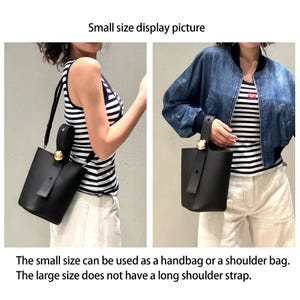 May include: Two women are modeling a black leather bucket bag with a gold top handle. The bag is shown being worn as a shoulder bag and as a handbag.
