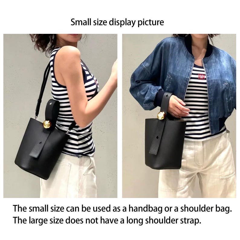 May include: Two women are modeling a black leather bucket bag with a gold top handle. The bag is shown being worn as a shoulder bag and as a handbag.