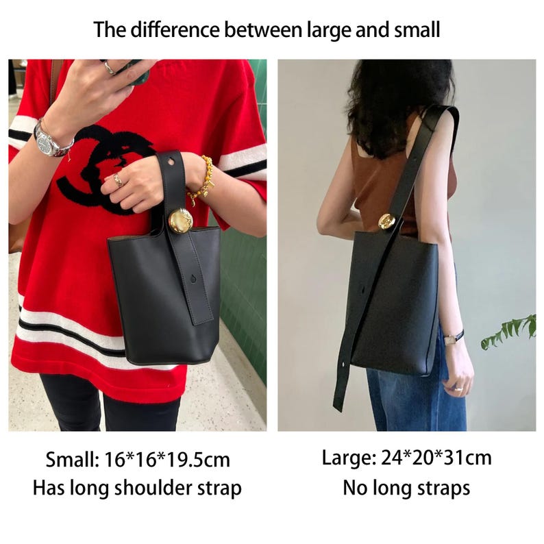 May include: Two black leather tote bags, one small and one large. The small bag measures 16 by 16 by 19.5 inches and has a long shoulder strap. The large bag measures 24 by 20 by 31 inches and does not have a long strap. "Small: 16*16*19.5cm Has long shoulder strap" and "Large: 24*20*31cm No long straps" are written below the bags.