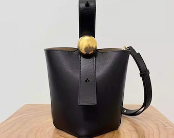 Minimalist Bucket Tote Bag, Women&#39;s Leather Bag, Small Handbag, Leather Top Handle Bag