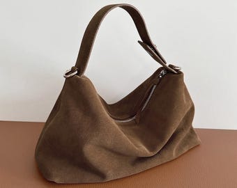 Minimal Suede Handbag,Genuine Leather Shoulder Bag,Suede Top Handle Bag