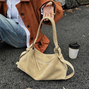 Small Suede Shoulder Bag, Genuine Leather Tote Bag, Minimal Leather Bag