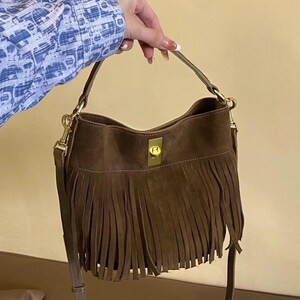 Wildleder Eimer Tasche, Leder Tragetasche, Frauen Schultertasche, Quaste Handtasche