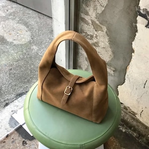 Suede Shoulder Bag,Genuine Leather Tote Bag,Minimal Design Handbag