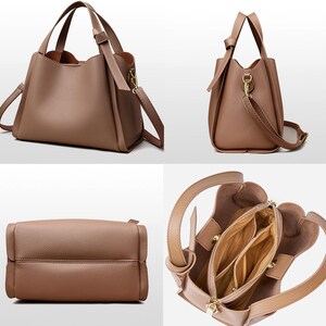 May include: A brown leather tote bag with a top handle and a shoulder strap. The bag has a zipper closure and a gold-toned hardware. The bag is shown in four different views.