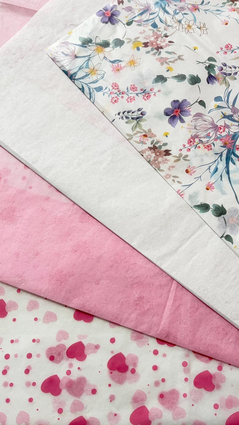 picture of tissue paper choice, hearts, pink, white, floral