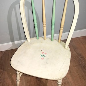 Vintage wooden children&#39;s chair, kids farmhouse chair with floral pattern seat