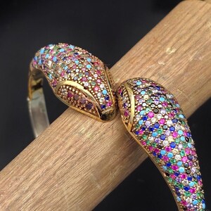 Mixed Stones Sterling Silver Adjustable Double Snake Head Cuff Bracelet