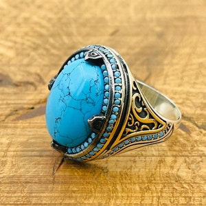 Men&#39;s Turquoise Ring: Handmade 925 Sterling Silver Turkish Gemstone