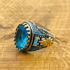 Men&#39;s Blue Aquamarine Ring: Authentic Ottoman 925 Sterling Silver