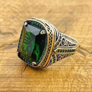 Ring heren smaragdgroen, 925 sterlingzilver, Turkse authentieke zilveren ring, gegraveerde ring, cadeau voor hem, cadeau voor echtgenoot, ring cadeau jubileum