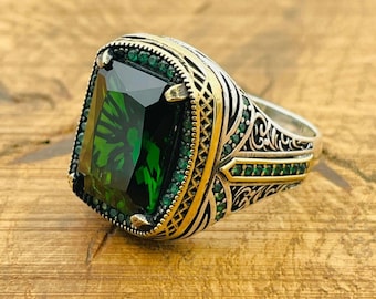 Men's Emerald Green Ring: Engraved 925 Sterling Silver, Turkish Ring