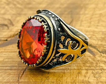 赤いルビーの石の指輪：トルコ製ハンドメイド925スターリングシルバー