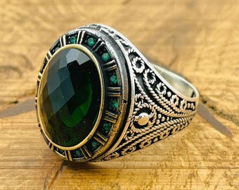 Men's Emerald Ring: Handmade 925 Sterling Silver Turkish Design