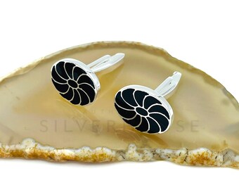 Oval Head 925 Sterling Silver Modern Men's Cufflinks with Enamel, High Polished Groomsmen's Gift