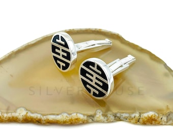 Round Head 925 Sterling Silver Modern Men's Cufflinks with Enamel, High Polished Groomsmen's Gift