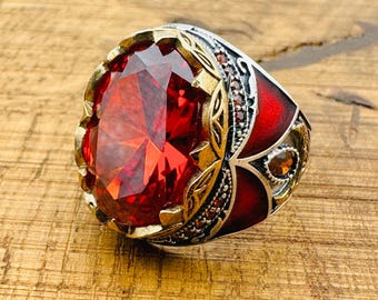 Ruby Red Stone Ring: Men's 925 Sterling Silver Ottoman Style