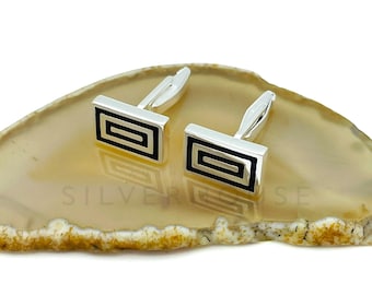 Rectangle Head 925 Sterling Silver Modern Men's Cufflinks with Enamel, High Polished Groomsmen's Gift