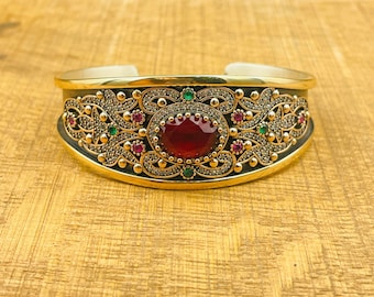 Authentic Women Cuff Bracelet, 925 Sterling Silver, Ruby Red Stone Bracelet, Gift Her, Gift Birthday, Gift Anniversay For Wife, Gift Mother