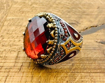 Anillo de rubí rojo para hombre: Plata de ley 925 otomana hecha a mano