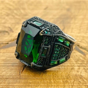 Men's Emerald Ring: Handmade 925 Sterling Silver, Black Plated