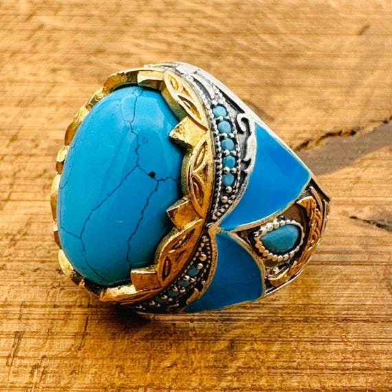 Bague homme pierre turquoise argent sterling turc fait main 925