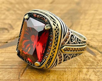Men's Ruby Ring: Engraved 925 Sterling Silver, Turkish Authentic Design