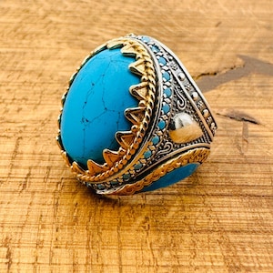 Men Turquoise Ring, Natural Blue Stone Ring, Authentic 925 Sterling Silver, Engraved Ring, Gift For Him, Gift Father Birthday, Gift Husband