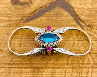 Omkeerbare ring aquamarijn robijn sterlingzilver