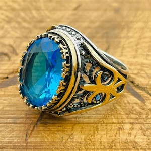 Men&#39;s Aquamarine Ring: Handmade Engraved Ottoman 925 Sterling Silver