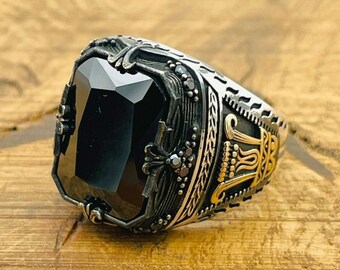 Men's Black Onyx Ring: Engraved 925 Sterling Silver, Turkish Handmade