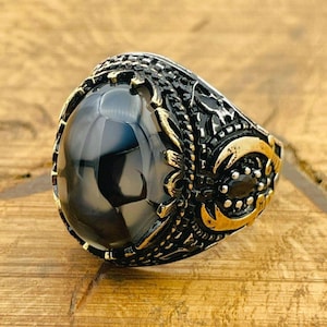 Engraved Knife Black Aqeeq Ring, 925 Sterling Silver Ring for Men