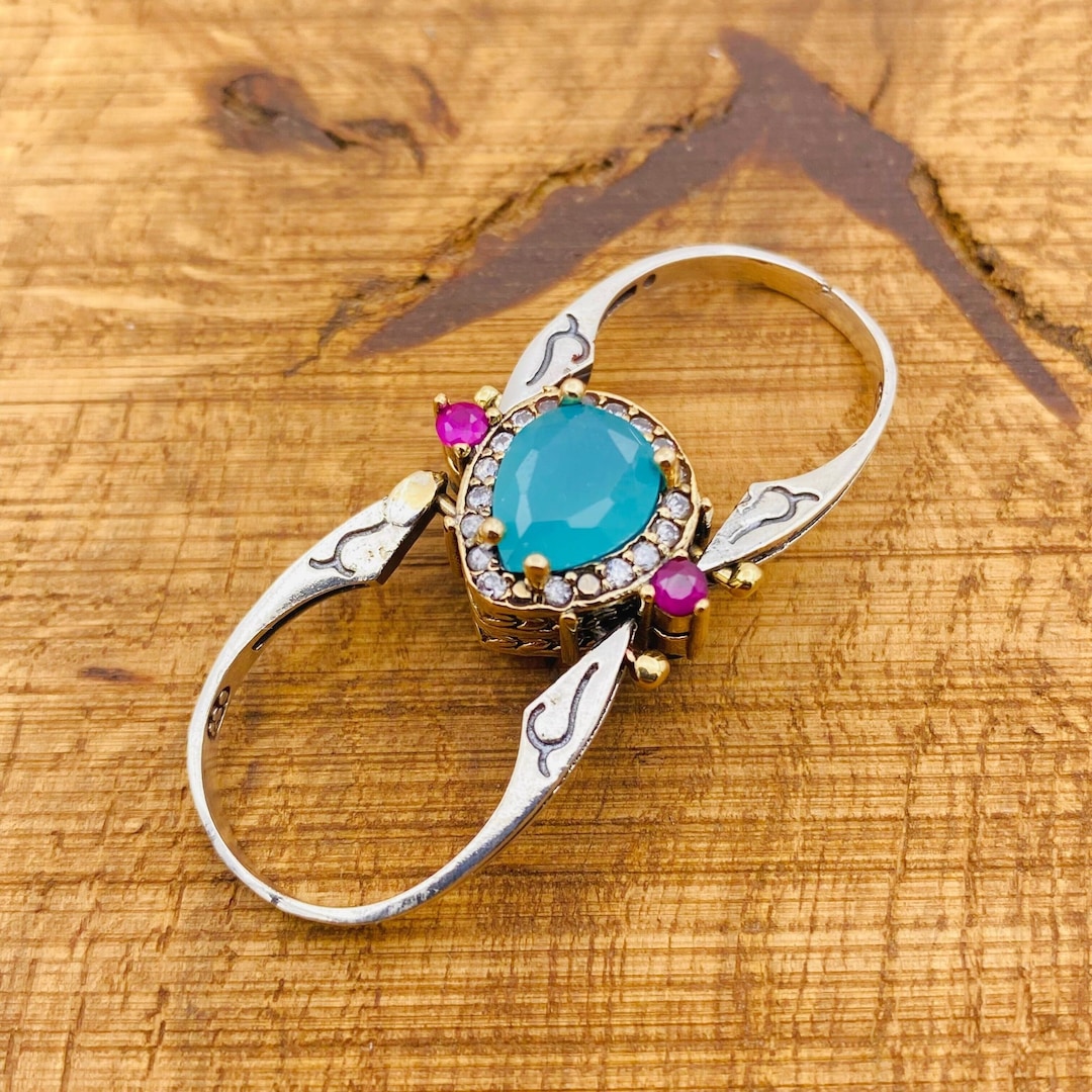 Reversible 925 Sterling Silver Ring: Turquoise & Ruby Birthstone - Etsy