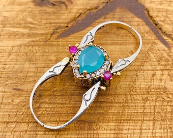 Omkeerbare 925 sterlingzilveren ring: geboortesteen turkoois en robijn