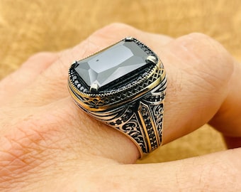 Men's Black Onyx 925 Sterling Silver Ring - Turkish Engraved Design