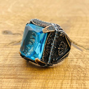 Men&#39;s Aquamarine Ring: Crown 925 Sterling Silver Ring