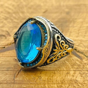 Men&#39;s Aquamarine Ring: Turkish 925 Sterling Silver Engraved Band