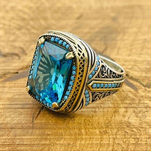 Men&#39;s Aquamarine Ring: Engraved Turkish Sterling Silver